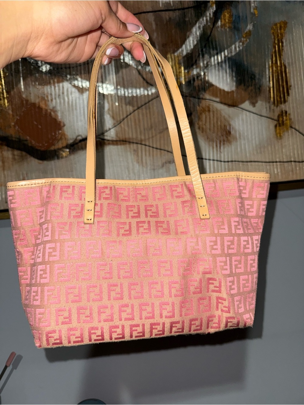 Fendi Pink FF Monogram Tote with Tan Straps